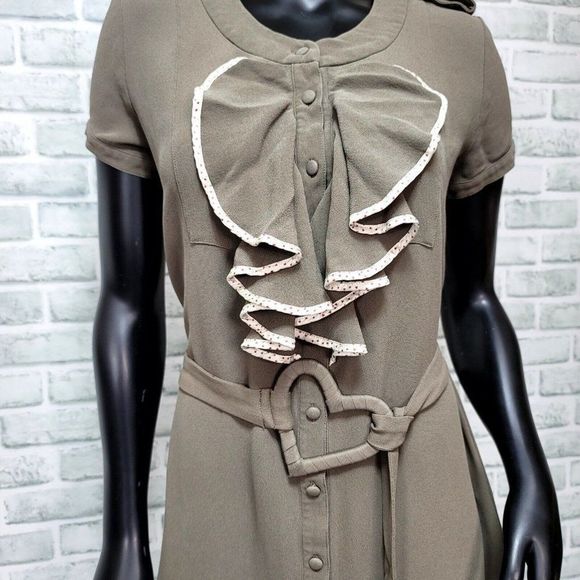 Viktor & Rolf by H&M Womens 10 Taupe Silk Ruffle‎ Button Front Heart Belt Dress - Picture 3 of 11